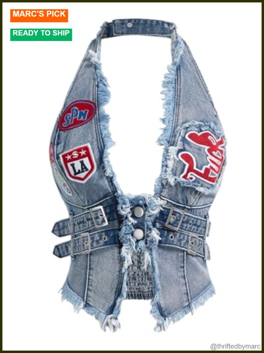 Y2K Open Back Denim Halter Top Deep V Neck Embroidery Jean Vest
